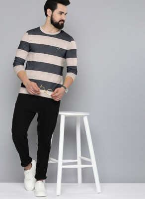 Triptee Striped Men Round Neck Grey, Silver T-Shirt