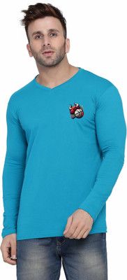 GEUM Printed Men V Neck Light Blue T-Shirt