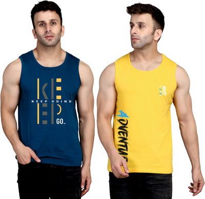 SLOWLORIS Printed, Typography Men Round Neck Dark Blue, Yellow T-Shirt