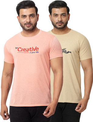 HANABY Graphic Print Men Round Neck Pink, Beige T-Shirt