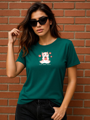 JUNEBERRY Printed Women Round Neck Dark Green T-Shirt