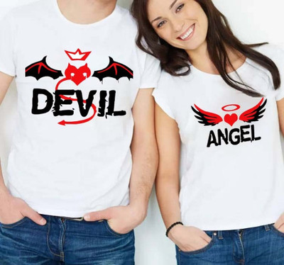 MAVAIGA Printed, Typography Couple Round Neck White T-Shirt