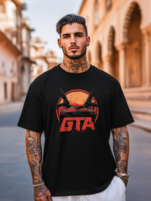 BUKKL Graphic Print, Printed Men Round Neck Black T-Shirt