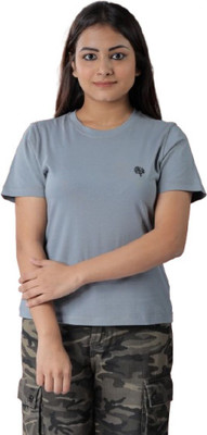 LEAFCARE Self Design Women Round Neck Grey T-Shirt