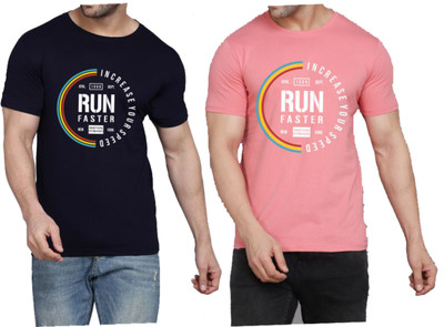 WOOSTRO Printed Men Round Neck Pink, Navy Blue T-Shirt