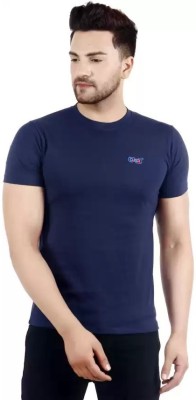 OJSR Solid Men Round Neck Blue T-Shirt