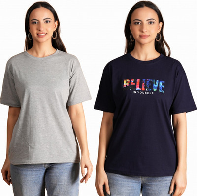 METRONAUT Printed Women Round Neck Dark Blue, Grey T-Shirt