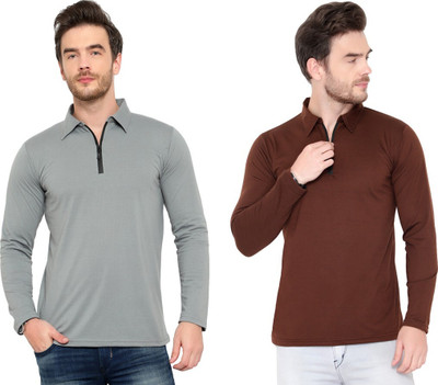 Tresna Trending Solid Men Polo Neck Silver, Brown T-Shirt