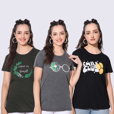 HEMLOCK Printed Women Round Neck Grey, Dark Green, Black T-Shirt