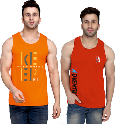 SLOWLORIS Printed Men Round Neck Orange, Red T-Shirt