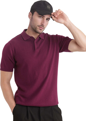 RARE RABBIT Solid Men Polo Neck Purple T-Shirt