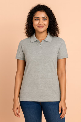 Fleximaa Solid Women Polo Neck Grey T-Shirt