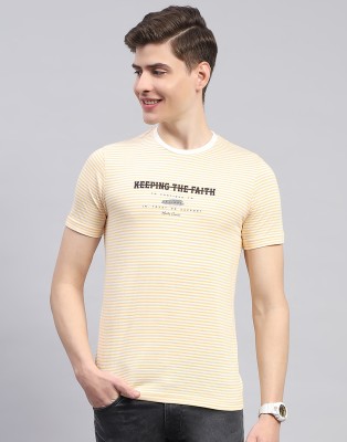 MONTE CARLO Printed, Striped Men Round Neck Yellow T-Shirt