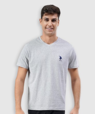 U.S. POLO ASSN. Solid Men V Neck Grey T-Shirt