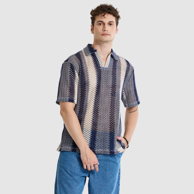 Snitch Striped Men Mandarin Collar Blue T-Shirt