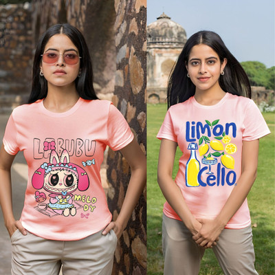 Kasendra Printed Women Round Neck Pink T-Shirt