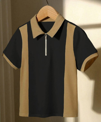 Try This Colorblock Men Zip Neck Black T-Shirt