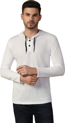 GEUM Solid Men Hooded Neck White T-Shirt