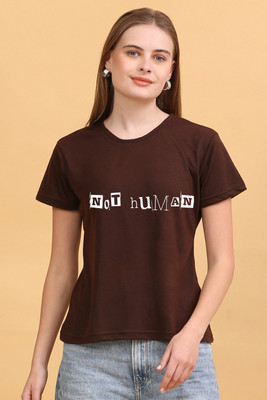 HOUSEOFFASHION Printed Women Round Neck Brown T-Shirt