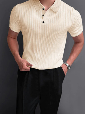 EyeBogler Striped Men Polo Neck Beige T-Shirt
