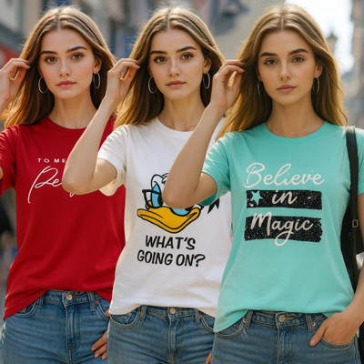 Fabflee Printed Women Round Neck Multicolor T-Shirt