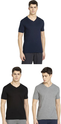 JOCKEY Solid Men V Neck Black, Grey, Dark Blue T-Shirt