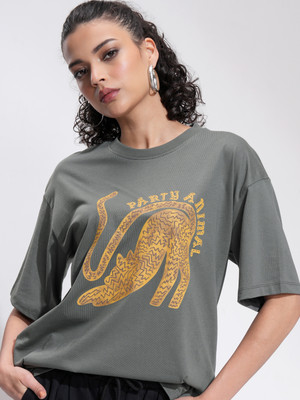 Tokyo Talkies Printed Women Round Neck Grey T-Shirt
