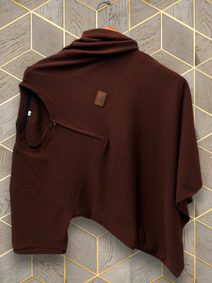 METRONAUT Solid Men Zip Neck Brown T-Shirt
