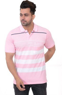 Embro Striped Men Polo Neck Pink T-Shirt