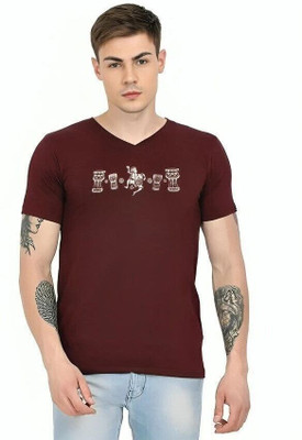 Texman Graphic Print Men V Neck Maroon T-Shirt