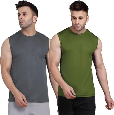 Moordale Fab Solid Men Round Neck Grey, Dark Green T-Shirt