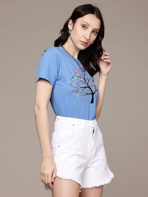 Moda Rapido Graphic Print Women Round Neck Blue T-Shirt