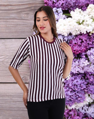 Marc Laurent Striped Women Round Neck Purple T-Shirt