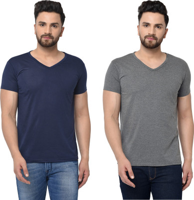 Tresna Trending Solid Men V Neck Dark Blue, Grey T-Shirt