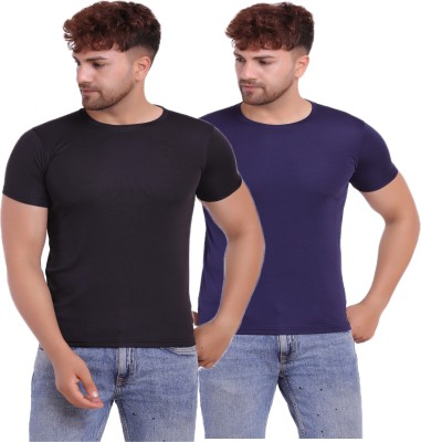 KASPY Solid Men Round Neck Black, Navy Blue T-Shirt