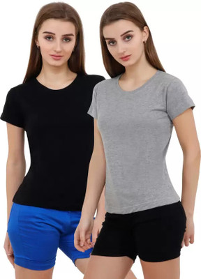 HouseOfCommon Solid Women Round Neck Black, Pink T-Shirt