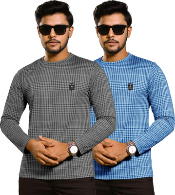 AVOLT Checkered Men Round Neck Black, Dark Blue T-Shirt