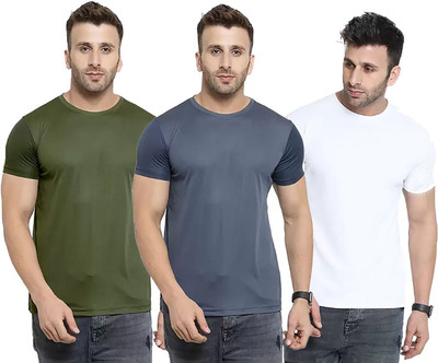 RIVAAZ Collections Solid Men Round Neck Dark Green, Grey, White T-Shirt