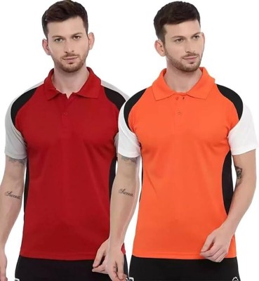 VIDA FRIO Sporty Men Polo Neck Maroon, Orange T-Shirt