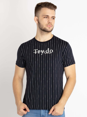 Status Quo Striped Men Round Neck Navy Blue T-Shirt