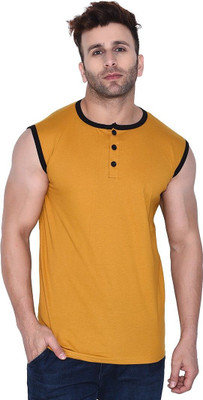 tfurnish Solid Men Henley Neck Yellow T-Shirt