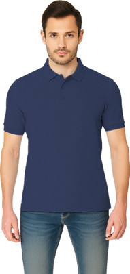 BENKNDIA Solid Men Polo Neck Navy Blue T-Shirt