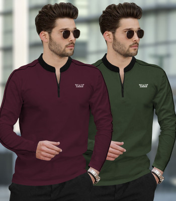 TRIPR Solid Men Mandarin Collar Multicolor T-Shirt