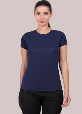 HNA Solid Women Round Neck Blue T-Shirt