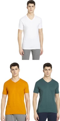 JOCKEY Solid Men V Neck Dark Green, White, Yellow T-Shirt