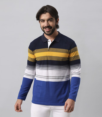 BE POSITIVE Striped Men Polo Neck Dark Blue T-Shirt