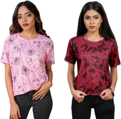 Apachee Printed Women Round Neck Pink, Red T-Shirt