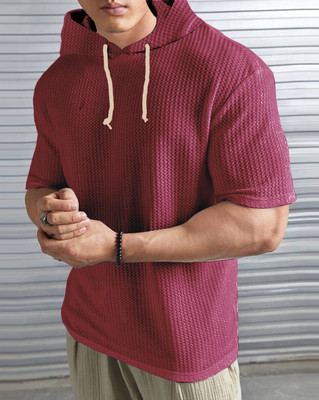 LEWEL Self Design Men Hooded Neck Maroon T-Shirt