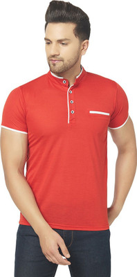 Tresna Trending Solid Men Mandarin Collar Red T-Shirt