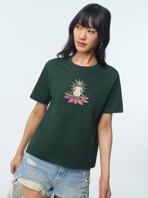 The Souled Store Printed Women Round Neck Dark Green T-Shirt